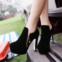 CAETIENT2017夏秋季新款欧美潮时尚侧拉链圆头防水台性感高跟粗跟单鞋休闲鞋女潮鞋12cm