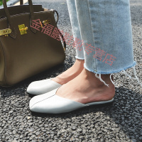 品牌女鞋新款女鞋韩版方跟包头粗跟中跟牛皮方头套脚一字凉拖鞋子欧美时尚浅口女鞋