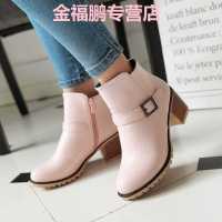 品牌女鞋粗跟短靴女2017冬季新款马丁靴中跟圆头短筒女靴子韩版百搭裸靴子