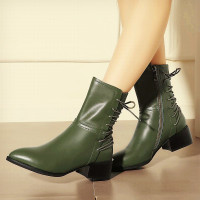 CAETIENT2017秋冬新款短靴女粗跟短筒圆头中跟尖头牛皮女鞋军绿色马丁靴军绿色