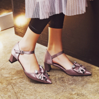 CAETIENT水钻包头女凉鞋一字扣粗跟尖头高跟鞋蝴蝶结中跟女鞋淑女甜美宴会百搭女鞋