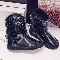 CAETIENT欧美潮短靴时尚铆钉流苏靴加绒保暖雪地靴漆皮亮面机车朋克女靴防水秋冬女雨靴黑色