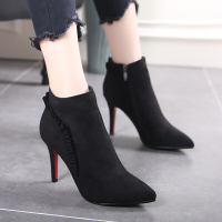 CAETIENT2017春季新款尖头绒面高跟短靴韩版花边细跟简约短筒靴子侧拉链马丁靴