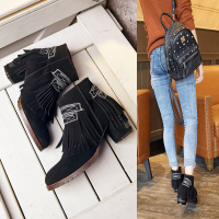 CAETIENT欧美新款秋冬女靴磨砂皮流苏短靴女粗跟裸靴牛皮高跟擦色女鞋复古流苏短靴