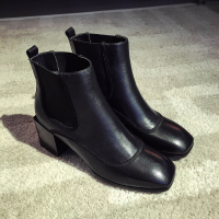 CAETIENT2017秋季新款女鞋低帮马丁靴尖头粗跟拼色街头潮流短靴女中跟牛皮女靴