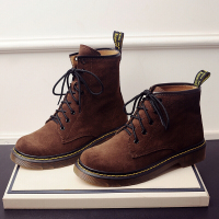 CAETIENT韩版文艺复古短靴酒红色牛皮磨砂系带平底马丁靴英伦风擦色短筒单靴