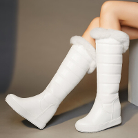 CAETIENT2017冬季加厚绒里兔毛内增高坡跟中跟厚底平底女士高筒靴棉鞋