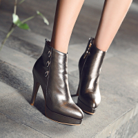 CAETIENT欧美冬季新款靴子女鞋短筒细跟侧拉链马丁靴橡胶欧美皮带扣纯色高跟女短靴