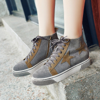 CAETIENT韩版2017秋冬新款牛皮磨砂平底系带灰色单鞋女高帮棕色星星板鞋潮女鞋