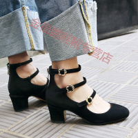 品牌女鞋英伦复古风小皮鞋玛丽珍女鞋圆头浅口粗跟扣带职业单鞋磨砂面鞋子