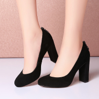 CAETIENT夏秋季新款欧美时尚单鞋粗跟尖头休闲鞋套脚女鞋韩版女鞋高跟职业鞋女潮9.5cm黑