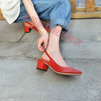 品牌女鞋欧美欧美简约方头单鞋粗跟浅口牛皮牛皮套脚复古中跟鞋性感时装女凉鞋