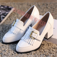 CAETIENT春夏新款性感高跟鞋流苏皮扣中口简约圆头高跟粗跟单鞋中跟低帮鞋单鞋高跟鞋潮