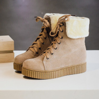 CAETIENT2017时尚女士绑带平底圆头短筒靴子学生舒适内增高绒面厚底靴子潮