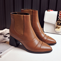 CAETIENT2017秋季新款手工短靴女春秋单靴圆头侧拉链牛皮马丁靴短筒粗跟大码女靴子