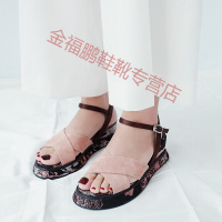 品牌女鞋一字带坡跟厚底高跟凉鞋女欧美防水台交叉绑带鱼嘴时尚凉鞋松糕鞋女鞋