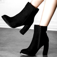 CAETIENT2017欧美新款牛皮高跟短靴女粗跟秋冬百搭潮流马丁靴短筒裸靴职业工作女靴