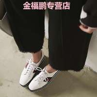 品牌女鞋欧美潮牌2017秋厚底方头系带白色单鞋女深口拼色松糕女鞋松糕鞋高跟坡跟深口小白鞋