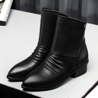 CAETIENT粗跟马丁靴女英伦牛皮机车靴女女士皮靴2017秋冬新款后拉链加绒中筒靴褶皱尖