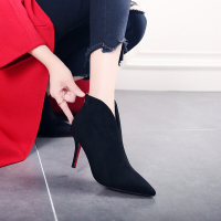 CAETIENT2017春季新款豹纹短靴尖头性感细跟绒面短筒靴子欧美时尚高跟及踝靴潮