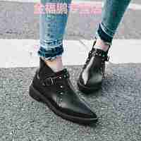 品牌女鞋秋冬季欧美范尖头平底皮带扣铆钉复古百搭短靴低筒平跟套脚女靴子