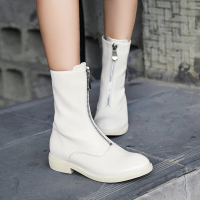 CAETIENT2017秋冬复古褶皱倒靴马丁靴女英伦牛皮粗跟单靴前拉链中跟短靴学院风短靴