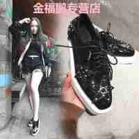 品牌女鞋潮流2017新款水钻系带方头百搭韩版女鞋平底舒适低帮鞋厚底松糕鞋水钻单鞋