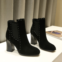 CAETIENT2017秋冬季靴子女高跟女鞋圆头短筒及踝靴粗跟短靴女春秋单靴磨砂女靴