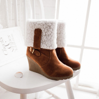 CAETIENT2017秋冬新款甜美淑女舒适坡跟高跟中筒靴两穿下翻女靴子雪地靴时尚骑士女靴