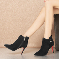 CAETIENT2017秋季女单靴高跟侧拉链尖头细跟及踝靴全皮马丁靴女短靴反绒磨砂女鞋