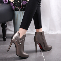 CAETIENT2017春季蝴蝶结细跟短靴及裸靴防水台尖头高跟鞋侧拉链女靴秋冬新款单靴子