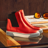 CAETIENT2017秋冬新款时尚牛皮圆头平跟短靴子舒适松紧带中跟切尔西靴女靴