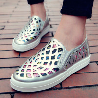 CAETIENT2017秋季新款厚底内增高女鞋平底乐福鞋女夏镂空休闲圆头学生洞洞单鞋潮银色