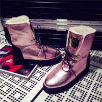 CAETIENT韩版平底系带短靴女2017冬季新款加绒雪地靴子爆裂纹系带保暖棉靴女鞋潮