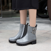 CAETIENT秋冬款韩版中跟皮带扣马丁靴女中筒靴粗跟圆头冬天加厚加绒女靴子