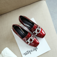 品牌女鞋欧洲站水钻单鞋女粗跟方头中跟漆皮淑女牛皮OL百搭工作鞋