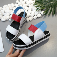 品牌女鞋新款韩版平底罗马鞋学生拼色一字套露趾凉鞋平跟厚底女鞋