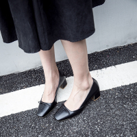 品牌女鞋粗跟复古方头浅口单鞋女学院风牛皮女单鞋中跟百搭蝴蝶结休闲女鞋