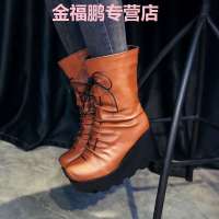 品牌女鞋2017女短靴女马丁靴街头风坡跟系带女式短筒靴秋冬松糕鞋棉靴子