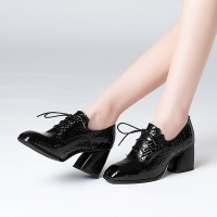 品牌女鞋英伦风圆头OL单鞋中跟粗跟系带防滑黑色小皮鞋女士职业工作鞋黑色