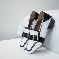 品牌女鞋新款韩版简约拼色牛皮深口单鞋女方根低跟方头通勤鞋