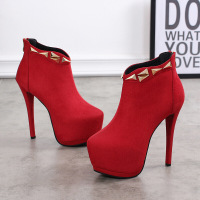 品牌女鞋2017欧美时尚尖头高跟短靴女性感金属一字带铆钉马丁靴绒面细跟及裸靴