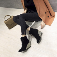 CAETIENT2017韩版休闲英伦风女短靴尖头系带坡跟马丁鞋靴秋冬淑女性感女靴