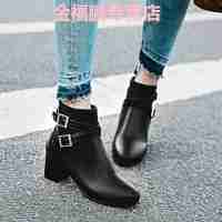 品牌女鞋2017秋冬女粗跟皮带扣女短靴高跟女士马丁靴百搭英伦风复古女单鞋