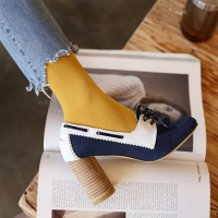 CAETIENT2017年韩版真皮高跟方头单鞋拼色前系带复古粗跟低帮优雅女鞋