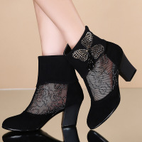 品牌女鞋2017夏季新款裸靴网靴磨砂羊绒高跟防水台女凉鞋镂空网纱女凉靴子黑色
