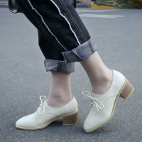 CAETIENT2017新款秋季单鞋中跟系带女鞋米色百搭粗跟皮鞋春秋方头小皮鞋