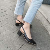 品牌女鞋欧美欧美简约方头单鞋粗跟浅口牛皮牛皮套脚复古中跟鞋性感时装女凉鞋