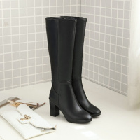 CAETIENT2017秋冬季女靴子高跟米色皮靴子粗跟韩版骑士靴长靴单靴女靴