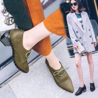 CAETIENT2017秋季新款女士小皮鞋中跟系带真皮尖头单鞋粗跟黑色英伦风女鞋